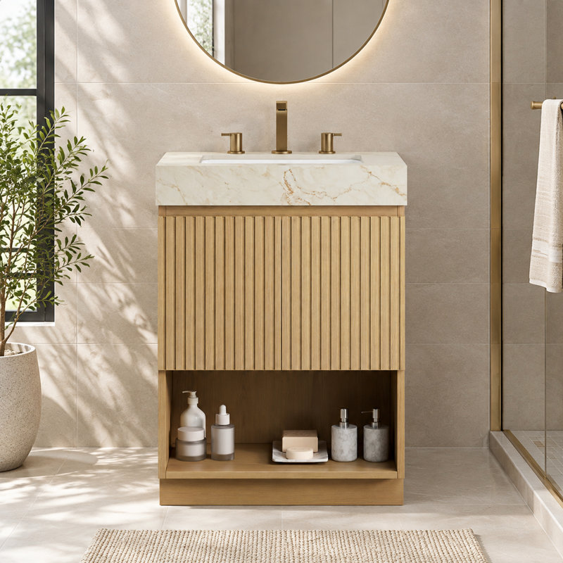 Meuble-lavabo autoportant de 61 cm avec comptoir en pierre frittée et lavabo encastré en céramique