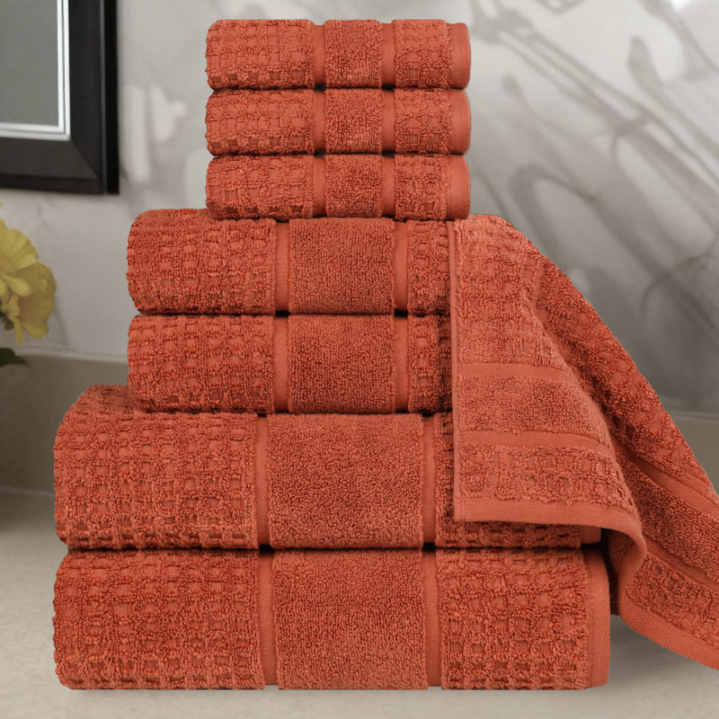   Zero-Twist Cotton Towel Set - Honeycomb Waffle Texture - Quick-Dry, Rust, 8 Piece Towel Set