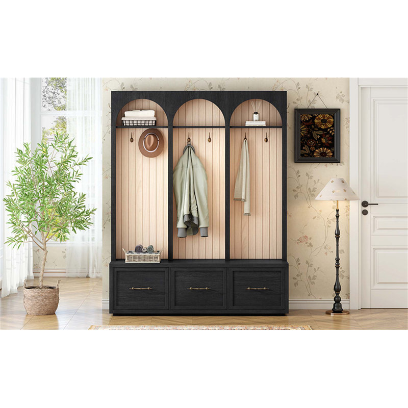 Farmhouse Wooden Style Hall Tree With Arched Design, Elegant Entryway Bench With Retro Hooks, Rustic Coat Rack & Shoe Organizer With Drawers For Mudroom, Living Room
