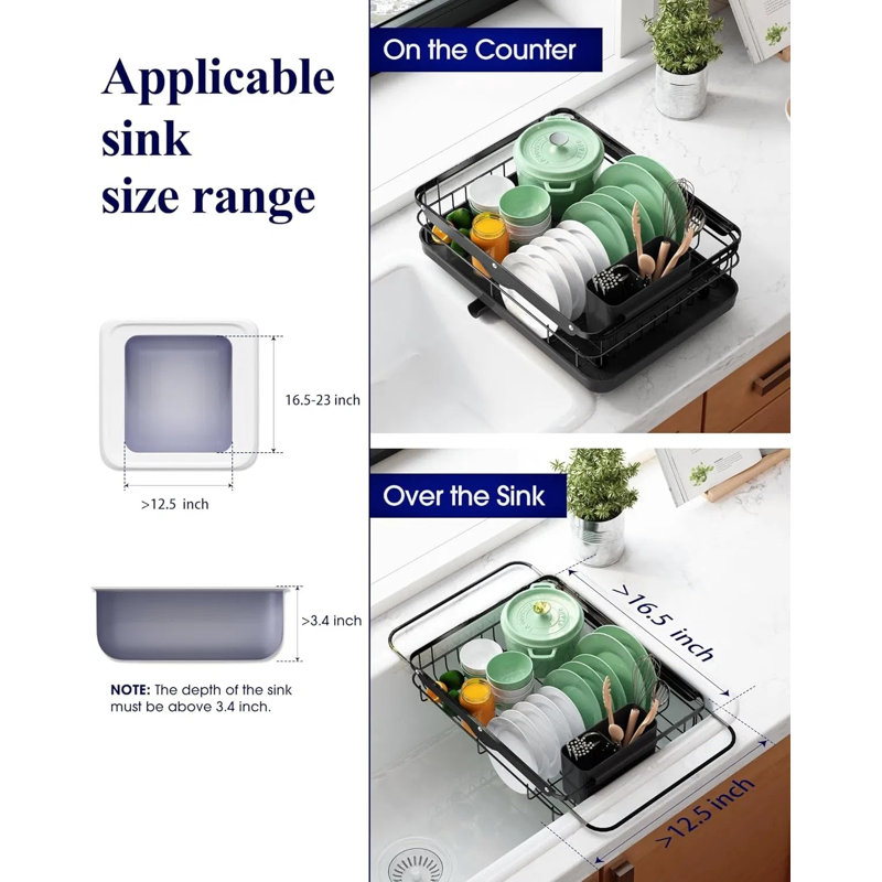 Égouttoir à vaisselle extensible pour comptoir de cuisine - Organisateur d'évier en acier inoxydable avec porte-couverts, longueur réglable de 15,7 po à 23 po, égouttoir antirouille, peu encombrant