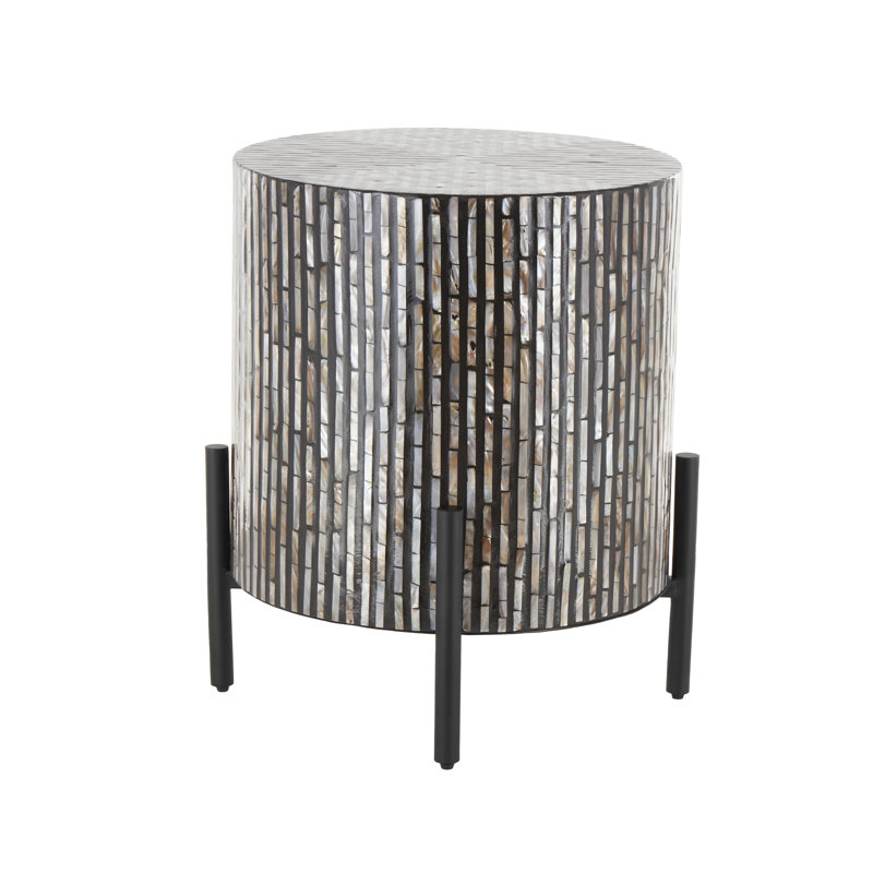 Alicia Multi Colored Mother of Pearl Shell Geometric Handmade Mosaic Inlay Side End Accent Table with Black Metal Legs, Gold