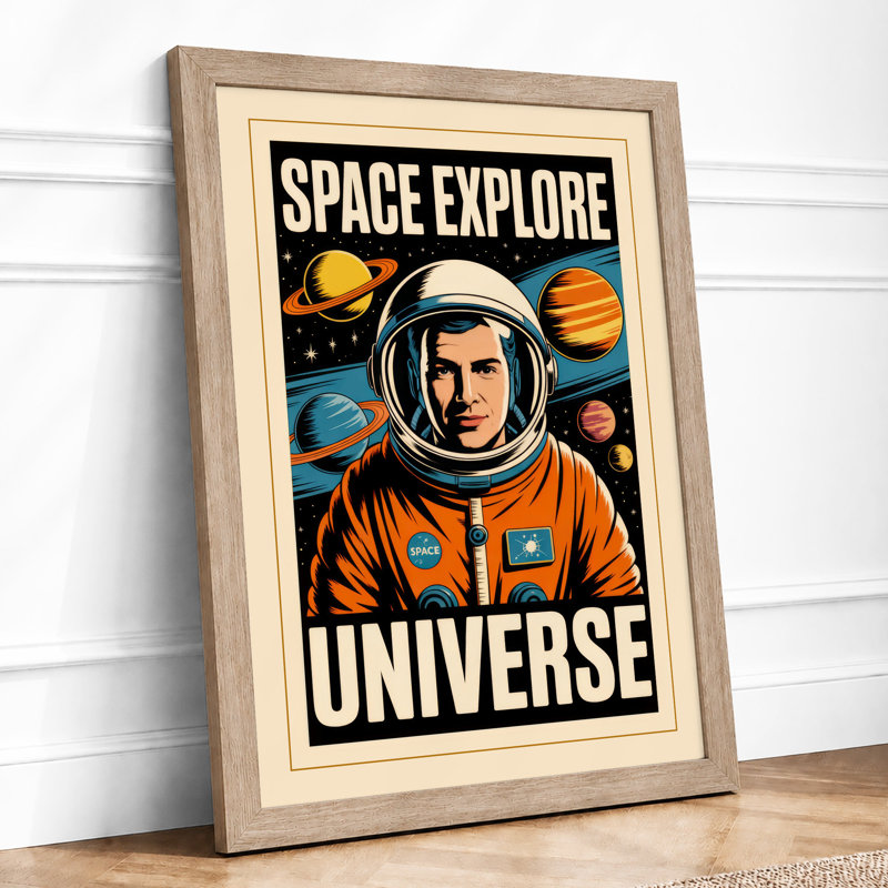 Space Explore Universe Retro - Framed Print, Oak, A4 - 29.7 x 21.0 cm