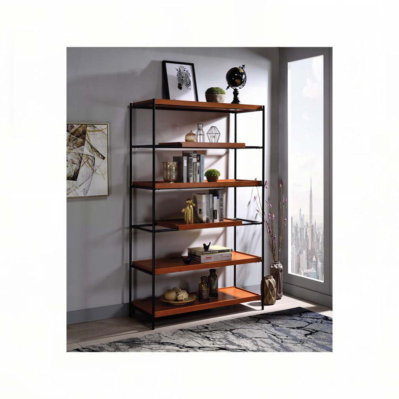 Honey Oak and Black 6-Shelf Bookshelf
