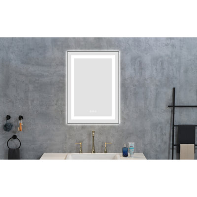 Miroir de meuble-lavabo mural 20 "x 28" avec 3 températures de couleur, mémoire, brouillard, cadre en aluminium, frêne, parfait pour la salle de bain à intensité variable, monté, frêne