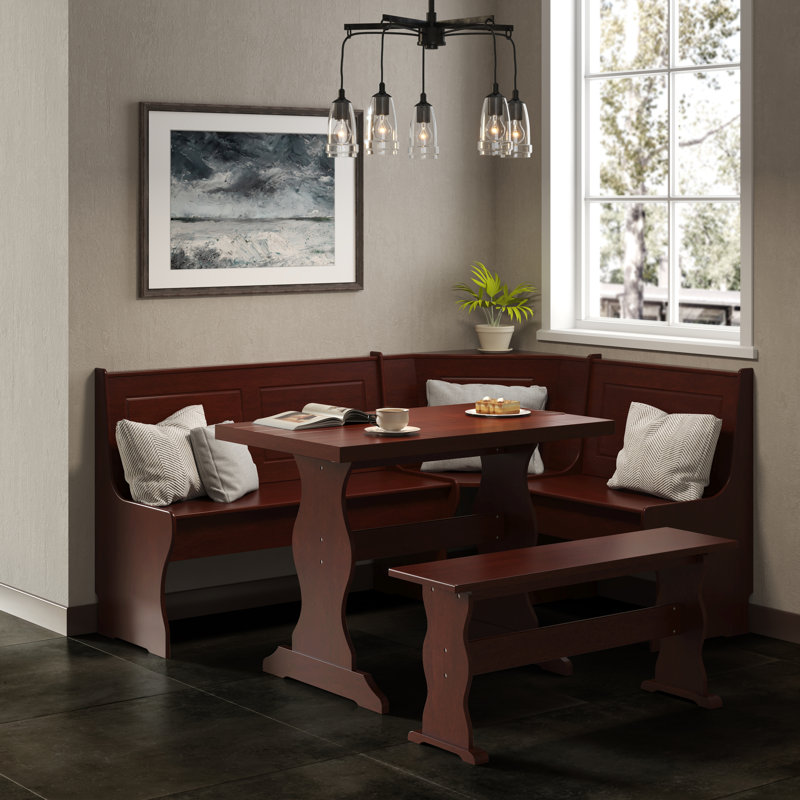 Heartlynn Classic Mahogany Finish Wooden Breakfast Nook With Hidden Storage Includes Corner Bench Dining Table And Bench