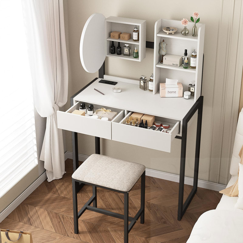 Vanity Desk With LED Mirror And Power Outlet And Cushioned Stool, Black