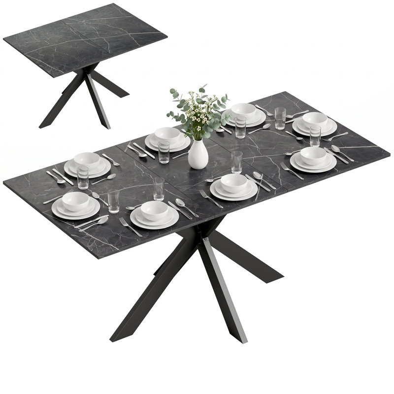 Extendable Dining Table for 4-8 People, Black Marble Effect, Black