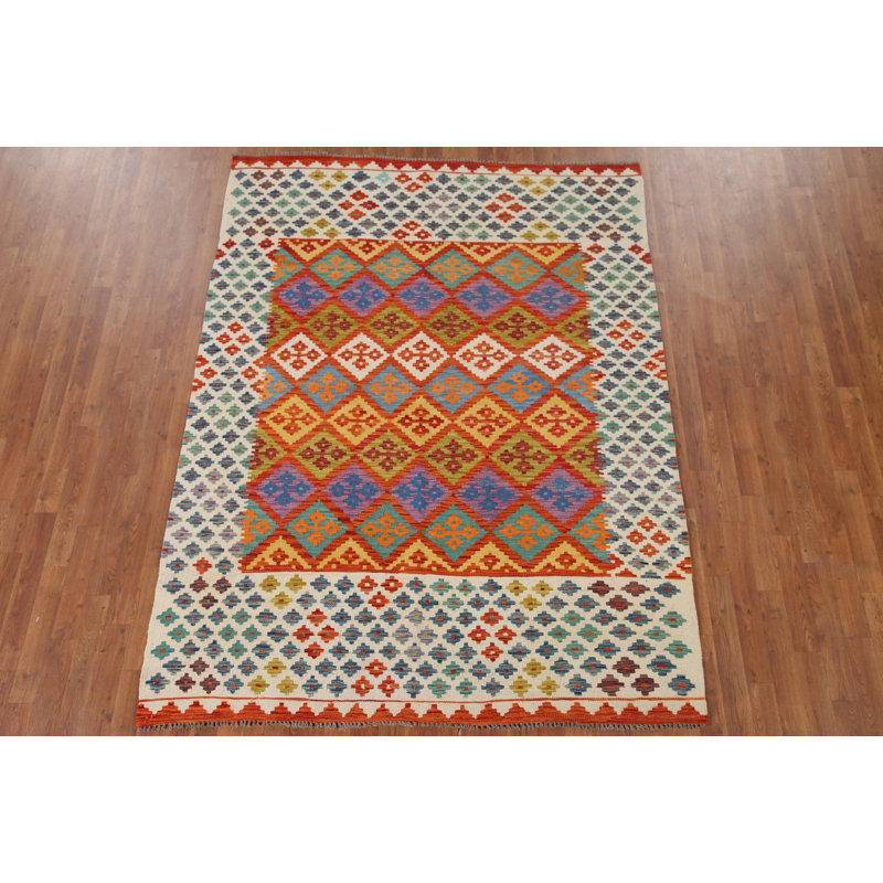 Tapis oriental multicolore en laine Kilim 6 x 8