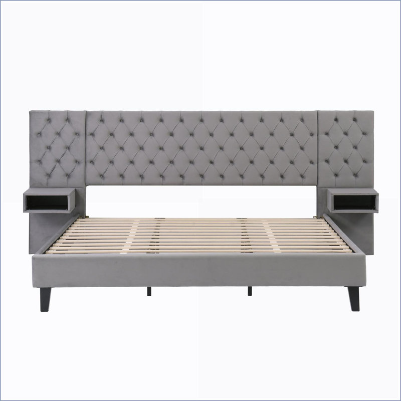 Très grand lit plateforme en velours avec 2 tables de chevet sans sommier gris pour la chambre principale