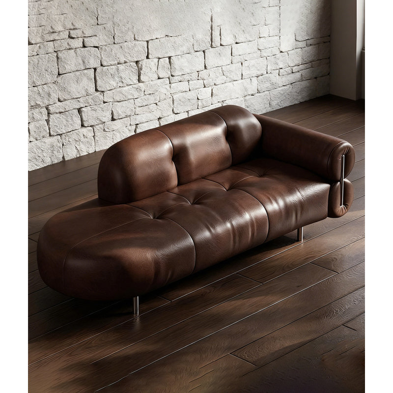 Chaise longue de style italien en bois massif, cuir et métal pour chambre et salon, Face à la droite, Brun
