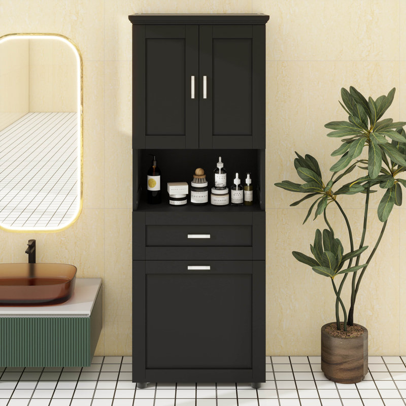 Tall Bathroom Cabinet With Tilt-Out Laundry Hamper Basket And Upper Storage,Storage Cabinet With Two Doors,Adjustable Shelf And Drawer
