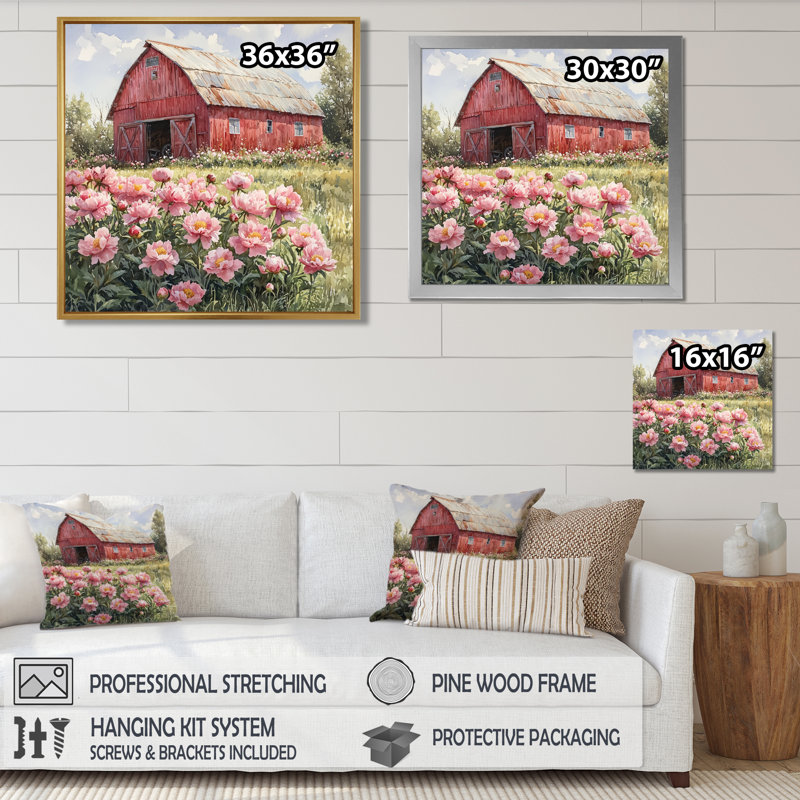 Ditchka pivoines par le tracteur Shed III - pivoines, art mural pour le salon, Impression encadrée flottante, Argent argent