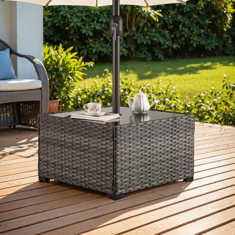Emanuell Square Glass, Wicker / Rattan Outdoor Coffee Table With Umbrella Hole, Wenge 