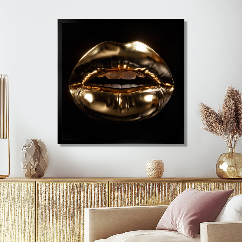  «Gold Metallic Fashion Lips - Décoration murale Fashion Lips, Cadre simple noir, bois massif, H 30 po x l 30 po x P 1 po