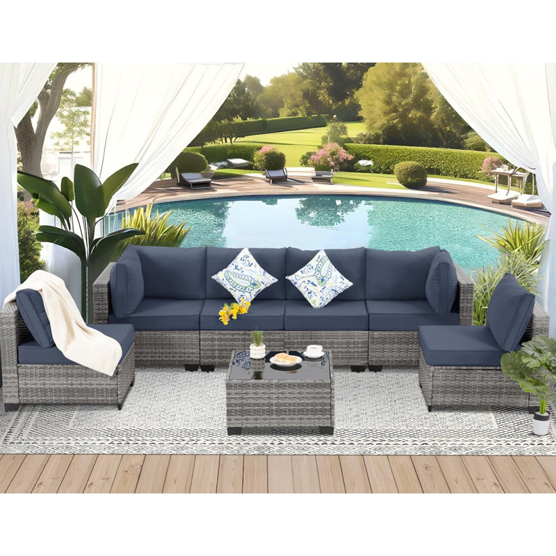 7-Piece Rattan Outdoor Sectional Seating Group with Cushions, Navy Blue, Gray