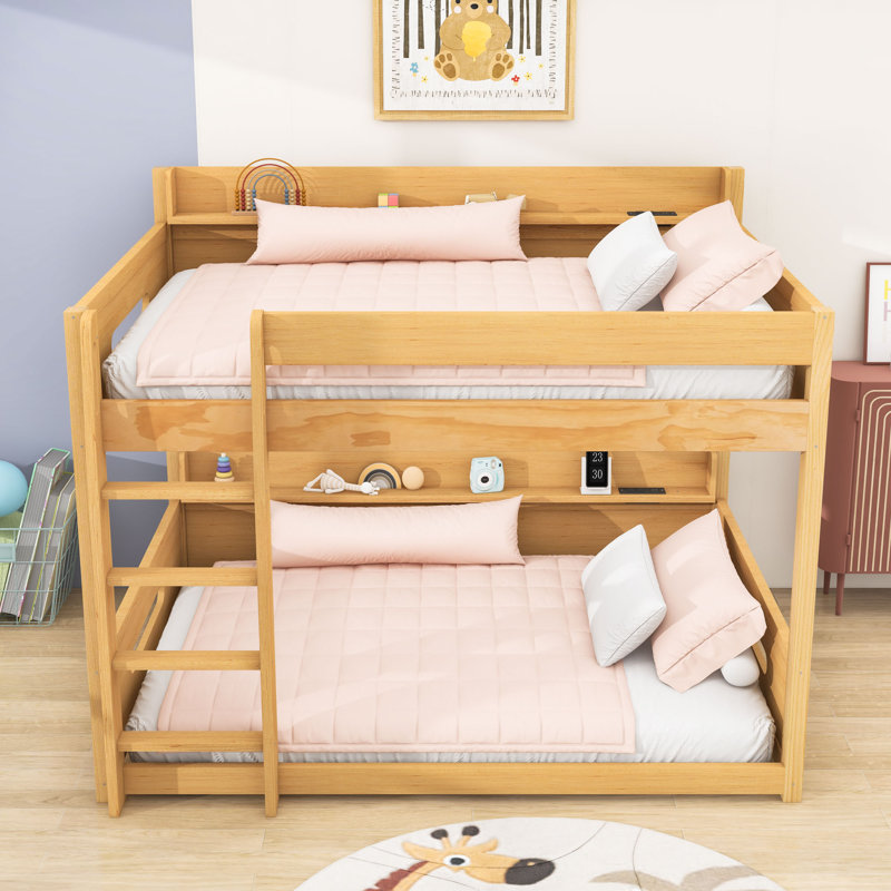 Wooden Queen Over Queen Bunk Bed with Shelves and Charging Stations, Wood