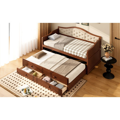 Lit de jour simple avec lit gigogne et 2 espaces de rangement, noyer rembourré à boutons pour pièces fonctionnelles, unités de lit élégantes