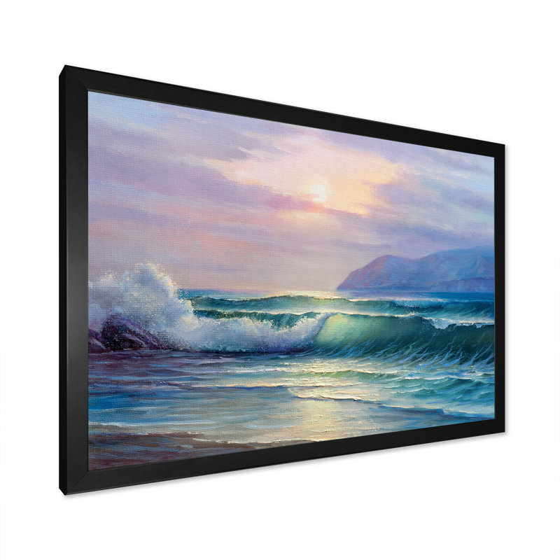 «Beautiful Green Ocean Sunset And Waves», reproduction sur toile flottante, H 16 po x l 32 po x P 1 po, Cadre noir