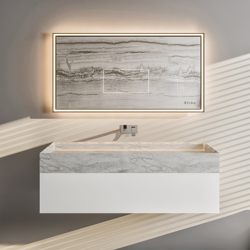 Meuble-lavabo blanc 36 po avec lavabo en marbre Zeyna