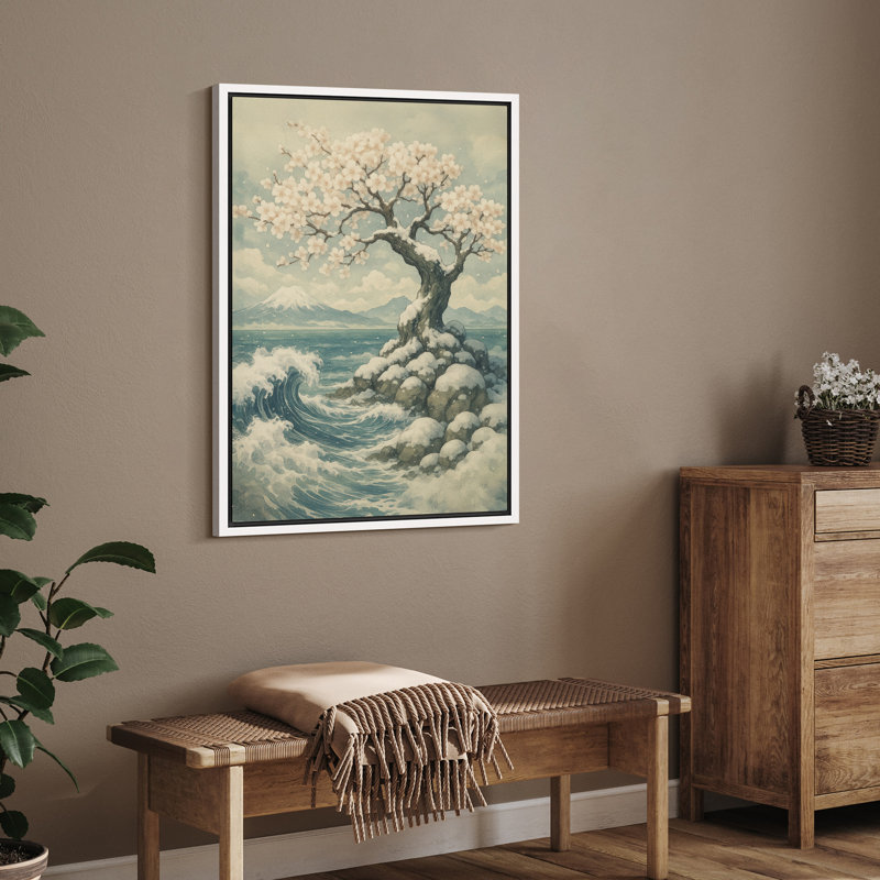 «Blossoming Tree on Rocky Shore», reproduction d'art sur toile encadrée - paysage côtier serein avec des vagues de l'océan pour des intérieurs modernes et tranquilles