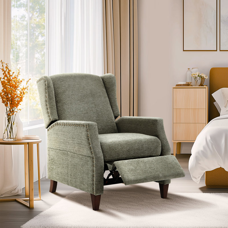 Push-Back Armchair with Storage Pockets - Nail-Head Trim & Wingback Design, Green Chenille