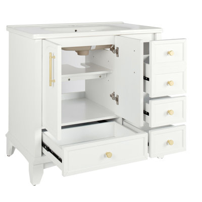 Ensemble de meuble-lavabo moderne 35,6 po avec surface peinte, meuble-lavabo autoportant Mid-Century avec rangement, meuble-lavabo haut de gamme avec tiroirs et poignées en métal