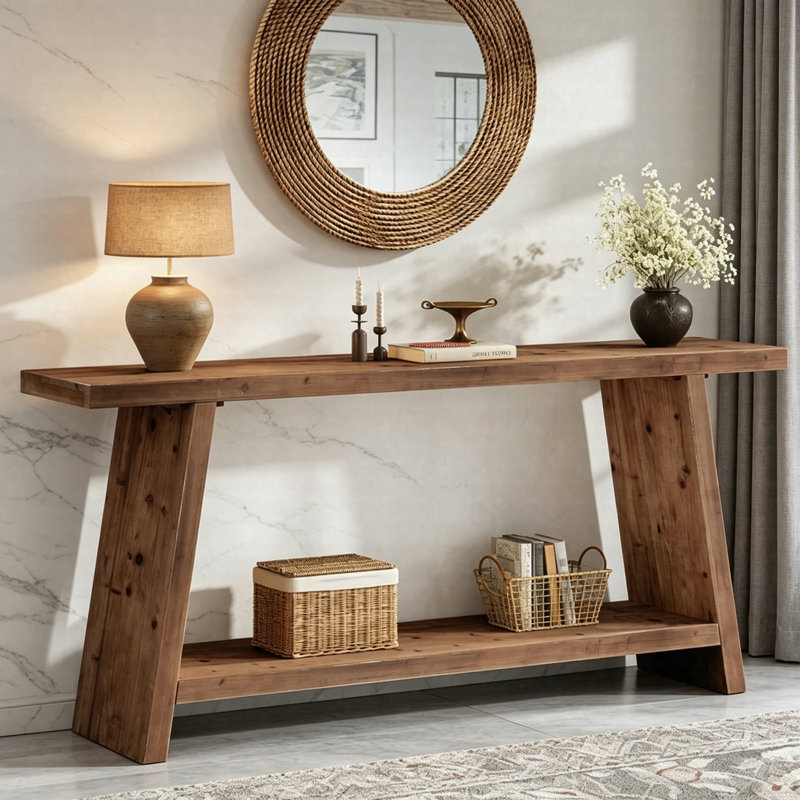 Console en bois massif 70,9 po, table de ferme à 2 niveaux avec canapé, table de rangement pour le vestibule, Brun