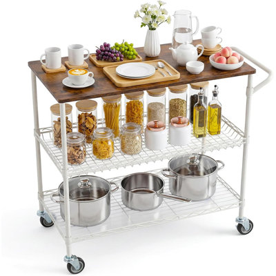 35.4" Rolling Kitchen Cart with Wood Top, 550Lbs 3-Tier Utility Cart, 10 Hooks & 2 Liners, Lockable Wheels for Restaurant