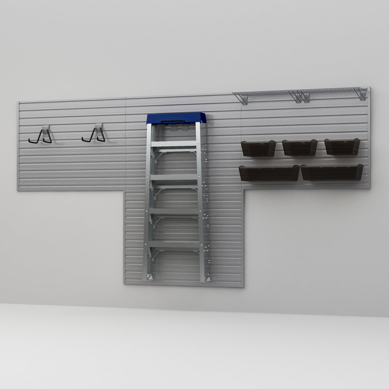 Flow Wall 11 Piece Slatwall Panel, Shelf, Bin & Hook Storage Set - Slatwall, Silver
