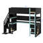 Lit mezzanine simple en bois à des fins de jeu, comprenant des escaliers pour le rangement, un bureau intégré, des tablettes et un panneau perforé-603650911-603650904