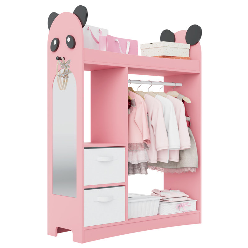 Kids Dress-Up Wardrobe with Child-Sized Mirror, Open Hanging Rail, Shelves & Drawers, Pink