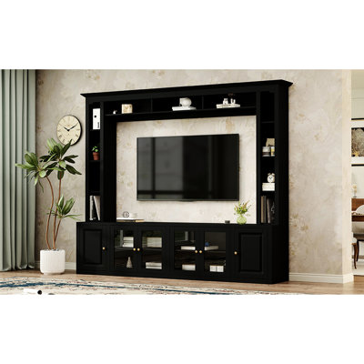 Unité murale 4 pièces avec 11 tablettes et porte en verre trempé, console multimédia de 92 po, meuble télé tout en 1 pour téléviseurs de 80 po ou moins, armoires réglables noires pour espace de vie principal, grandes téléviseurs de divertissement,