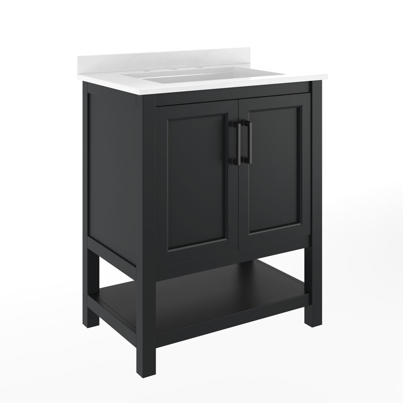 Ajmer 30'' Free-standing Single Bathroom Vanity with Undermount Sink and Open Storage Shelf, Matte Black, Black