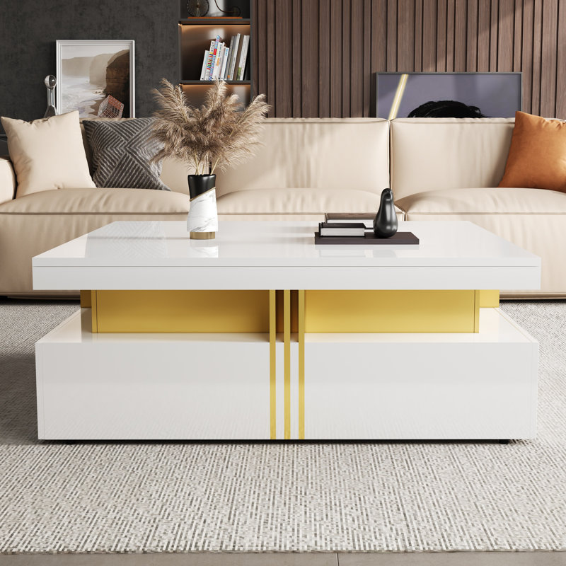 Table basse moderne carrée avec 4 tiroirs, grande table centrale carrée pour le salon
