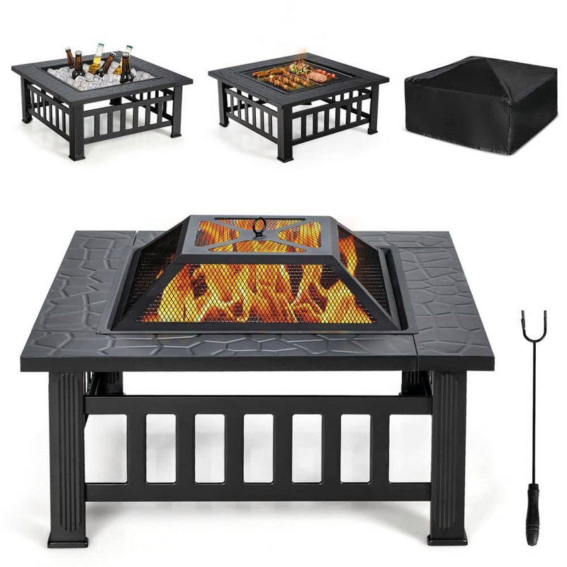 Foyer de table carré en métal 32 po, foyer d'extérieur au bois avec pare-étincelles et tisonnier pour la terrasse ou la cour, noir