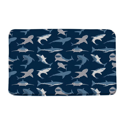 Ocean Predator Memory Foam Bath Mat - Navy Blue Shark Design, Marine Life Humor Rug for Bathroom or Kitchen, 17.8x29.5 Inch