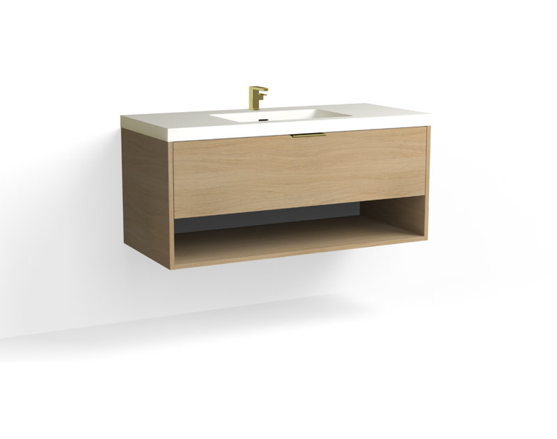Modo 48" W Wall Mounted Single Bathroom Vanity, Matte White/8" Widespread, White Acrylic, Satin Brass