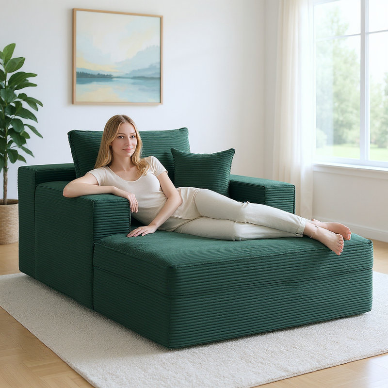 Méridienne convertible en velours côtelé 66,14 po, Vert