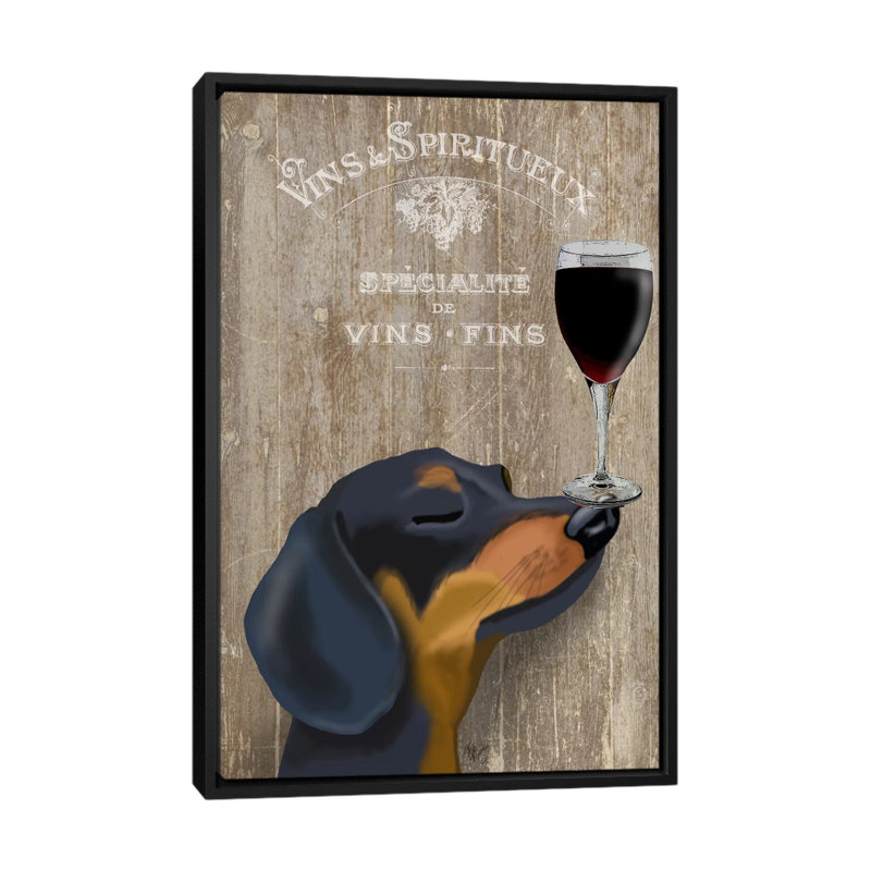 «Dog Au Vine Dachshund», impression sur toile, H 26 po x l 18 po x P 1,5 po, Toile avec cadre noir, Pas de tapis