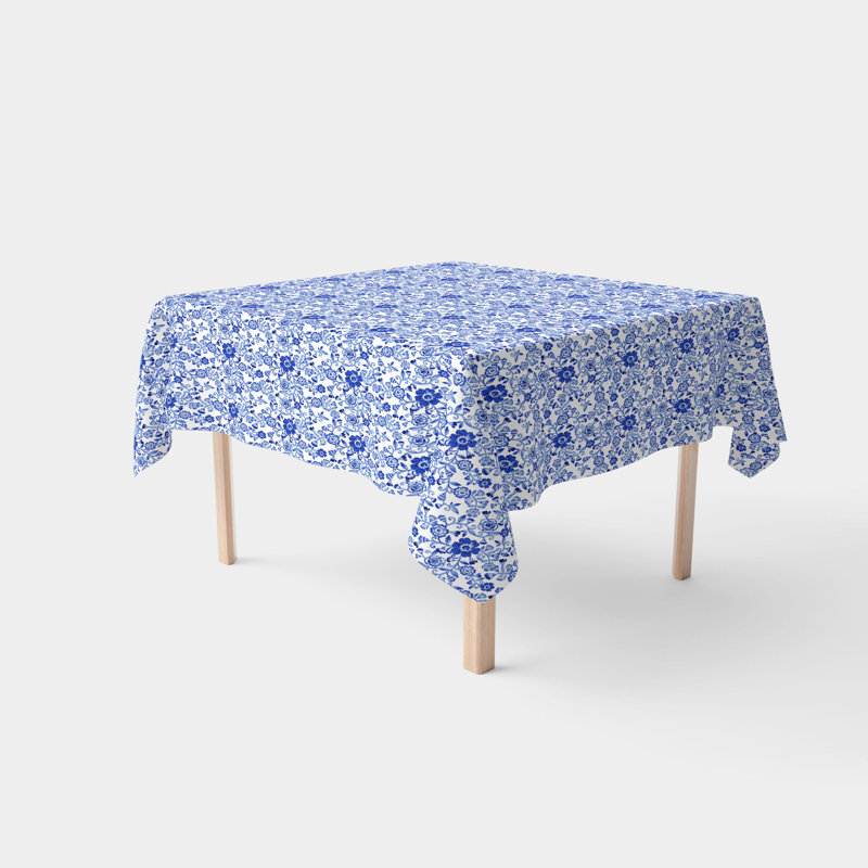 Rectangular Tablecloth, 100% Cotton, 52X104", Watercolor Flowers On Vines Blue, 52" L x 52" W