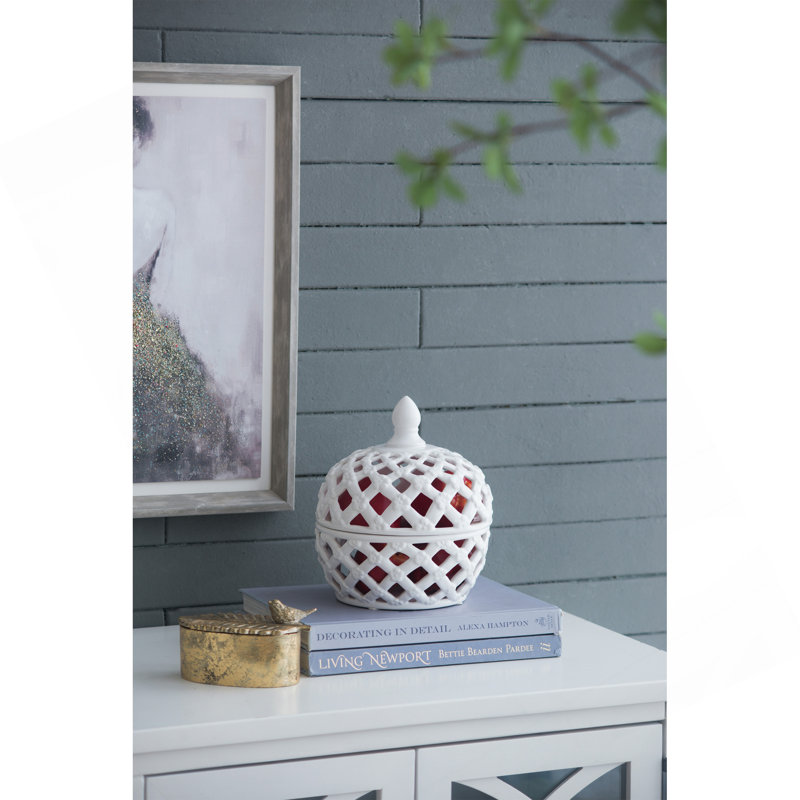 D8x9,5 po Couvercle en céramique blanc avec motif en treillis