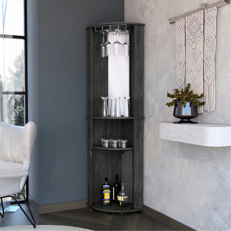 Oak 3 Shelf Cabinet For Bars, With Glass Doors And Classy Appeal Home Bar Unit In Oak, Twin Storage Solution