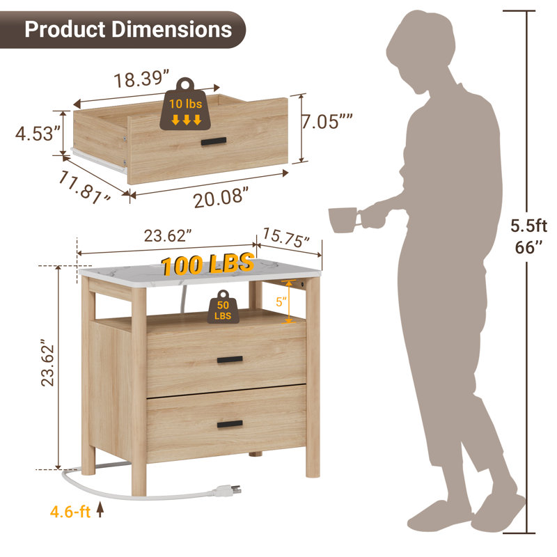 Grande table de chevet 24 po avec station de charge, pieds de poteaux ronds massifs, table de bout à 2 tiroirs avec tablette ouverte