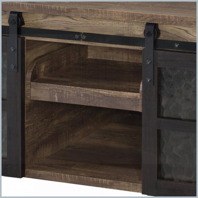 Chêne rustique & amp; Table basse de salon noire avec portes coulissantes en verre - Rangement caché Peu encombrant