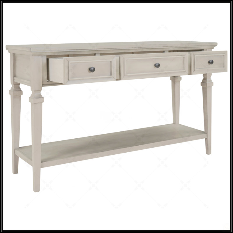Console de style rétro classique avec trois tiroirs et une tablette inférieure ouverte, facile à assembler (gris délavé)