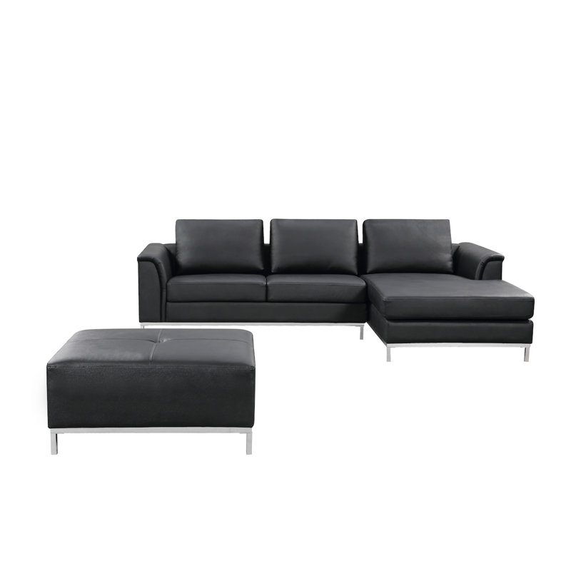 Canapé et méridienne en cuir véritable de 106 po avec repose-pieds, Cuir véritable noir, Orienté à droite (vu de face)