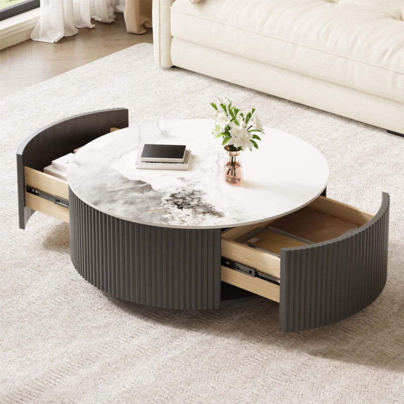 Table basse ronde moderne mobile avec roulettes, 2 tiroirs, plateau en pierre frittée à motif marbré, gris, 29,5 po