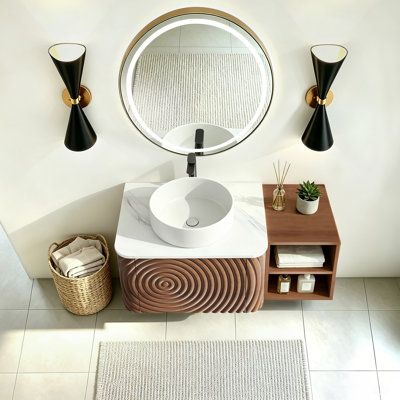Ensemble de meuble-lavabo mural, lavabo de salle de bain flottant avec lavabo rond en céramique et armoire latérale, ensemble de meuble-lavabo texturé à ondulation d'eau pour les petits espaces, peu encombrant