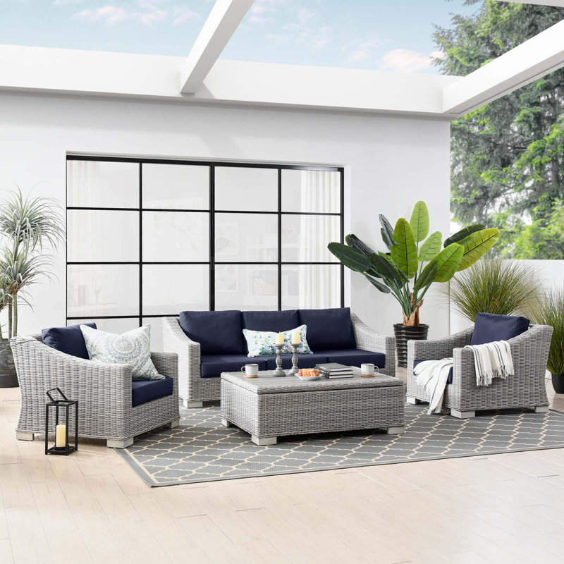 Modway Conway 4-Piece Outdoor Patio Wicker Rattan Furniture Set, Navy