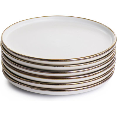 6-piece Stoneware Dinner Plate Set, Round Dinnerware With Gold Rim, Microwave & Dishwasher Safe Plates For Modern Dining